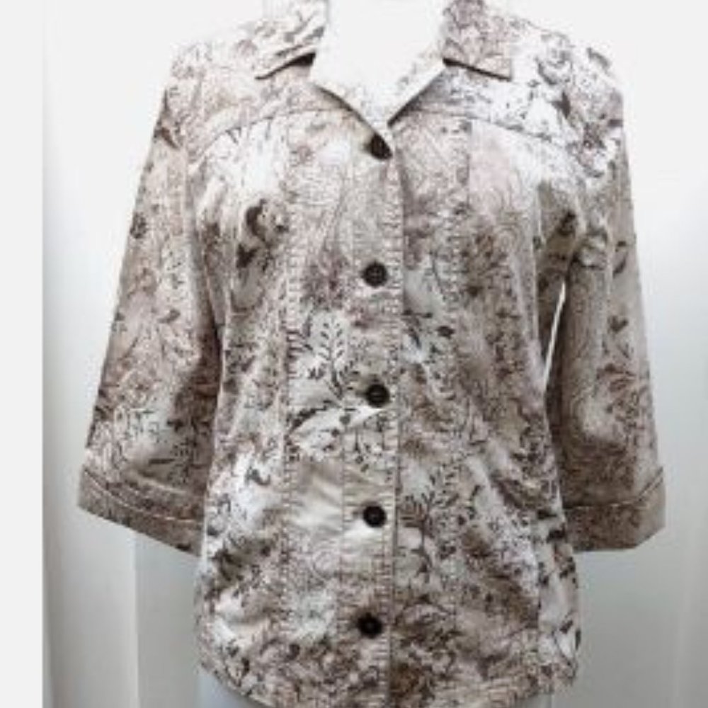 Chico's Jacket Size 1 - Medium 8 White Brown Nature Paisley Print Casual